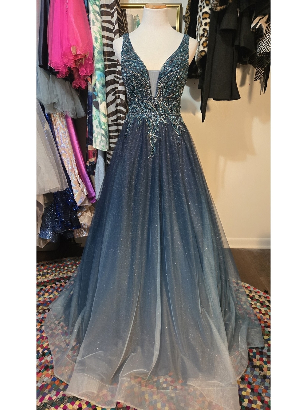 NWT Envious Teal Blue Beaded Ombre Glitter Tulle Ball Gown